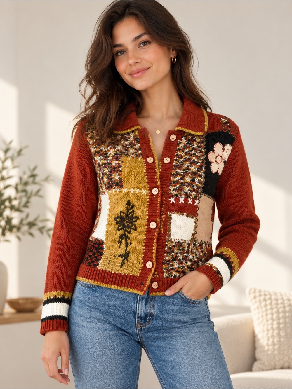 Marie Claire Patchwork Knit Cardigan Sweater Size M Boho Retro